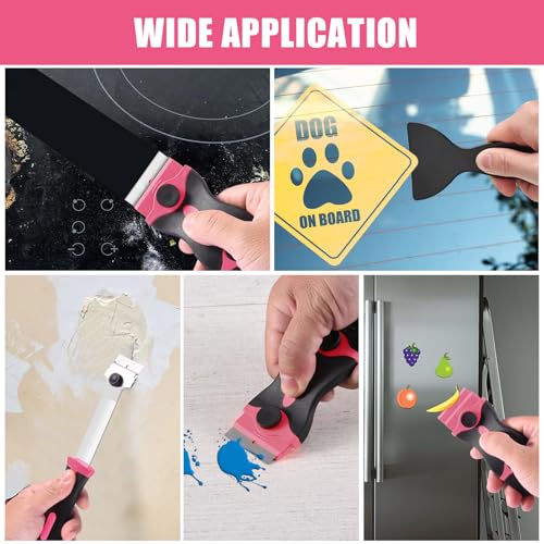 NECAMOCU 4 Pack Razor Blade Scraper, Includes 50 PCS Metal & Plastic Blades - color: Pink