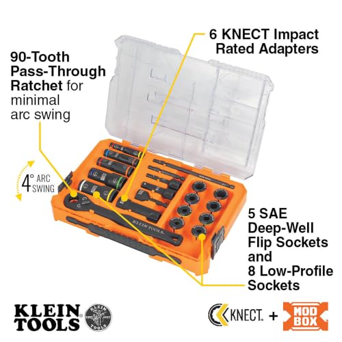 Klein Tools 65240 KNECT Impact Deep-Well Flip Socket and Low-Profile Pass Through Socket Set, SAE, 20-Piece, MODbox Case, 1/4-Inch and 3/8-Inch Drive - style: 20-Piece