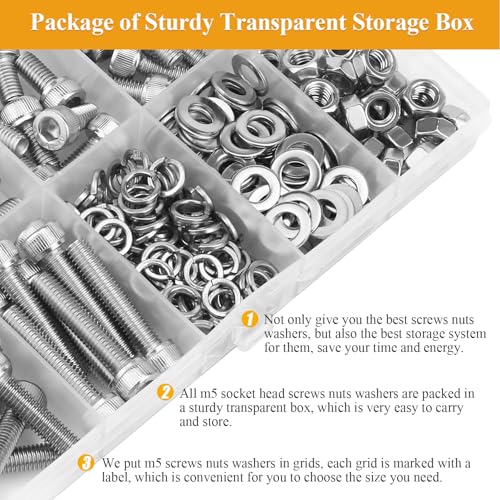 205 Pieces M5 Screws Nuts Washers Set, Sutemribor M5 x 8/10/12/16/20/25/30mm Hex Socket Head Cap Screws Nuts Washers Assortment Kit, 304 Stainless Steel, Fully Threaded - size: M5 Screws Kit, style: Socket Head