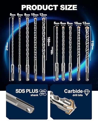 SDS Plus Carbide Cross Tip Concrete Drill Bit - 3/16"/1/4"/5/16"/3/8"/1/2" SDS-Plus Hammer Drill Set for Concrete, Brick, Stone & Masonry - 6"*5 & 8"*5 Length (10-Piece) - size: 3/16"/1/4"/5/16"/3/8"/1/2"x6" & 8"