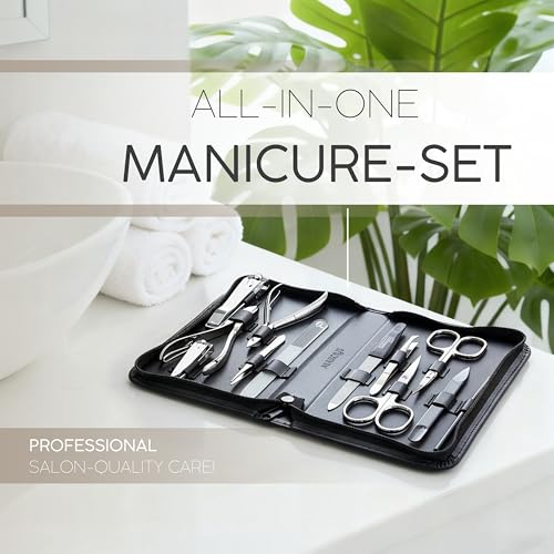 Manicure Set Women and Men – 12-Piece Professional Grooming Kit with Premium Tools, Genuine Leather Case, and exclusive Glass Nail File for Hand & Foot Care, German Quality - color: Black Nappa