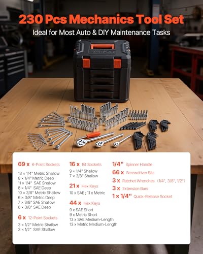 VEVOR 230 PCS Mechanic Tool Set with 4-Drawer Tool Box 1/4" 3/8" 1/2" Drive - size: 230-PCS