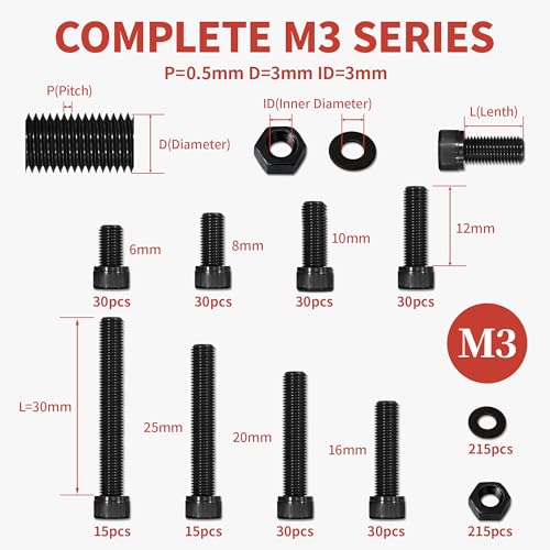 640PCS M3 Screws Assortment kit, M3x30mm Black Metric Screw Assortment Set with Bolts and Nuts, 12.9 Alloy Steel Hex Socket Cap Head Screw for 3D Printer and RC - size: M3 640 PCS