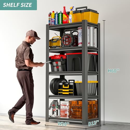 60" H Garage Shelves, Garage Shelving Heavy Duty, 3000Lbs 5 Tier Adjustable Garage Storage Shelves Suitable for Warehouse, Basement, Workshop,Require Assembly, 12.01" D*27.56" W *60" H(Black) - color: Black, size: 12.01"D*27.56"W*60"H