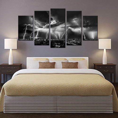 Biuteawal - Black and White City Wall Art Nature Lightning Strikes in The Clouds Painting on Canvas Storm Cityscape Picture Print for Home Office Bedroom Decoration - size: W60"xH32"