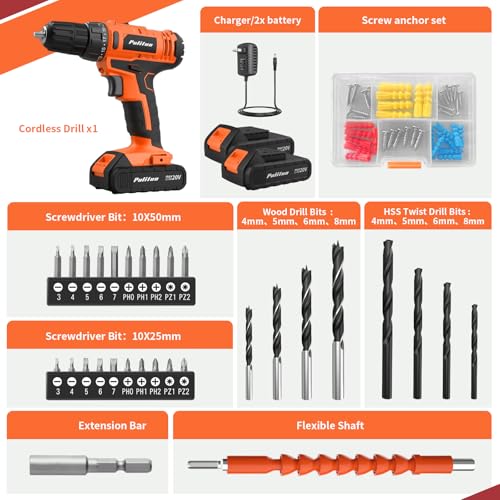 PULITUO 20V Cordless Drill/Driver, 2 Batteries Electric Screwdriver, 30Nm Power Drill Driver, 21+1 Torque, 2 Speed, 3/8"Keyless Chuck, power Drill with LED Light, Drill Driver Kit for Home (Orange) - style: 20V Drill (orange)-double
