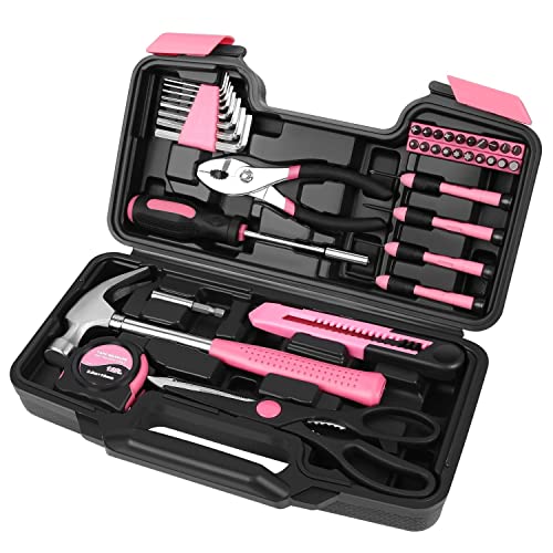 Flexzion 39 Piece Hand Tool Kits with Case - Compact Tool Kit for Handyman, Homeowners DIY - Household Tool Kit for Home with Portable Basic Tool Set Case, Pink - color: Pink & Black
