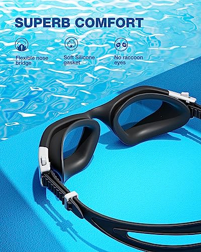 ZIONOR Swim Goggles, G1 SE Swimming Goggles Anti-Fog for Adult Men Women - color: B7-gold Lens Black White Frame