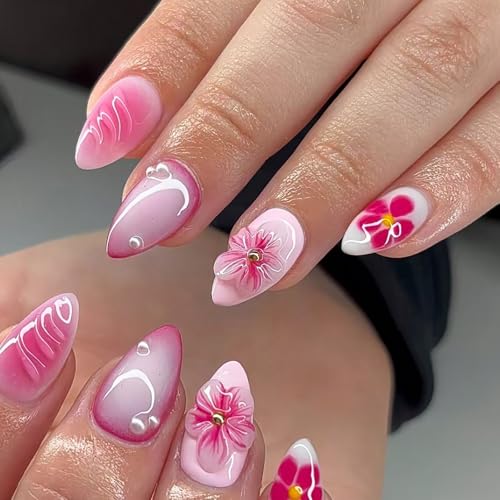 Press on Nails Almond - Medium French Tip Fake Nails with Embossed Designs, Glossy Finish Reusable False Nails with Glue Tabs - 24Pcs Nail Kit for Women Manicure (3D Embossed design 17) - color: 3D Embossed design 17