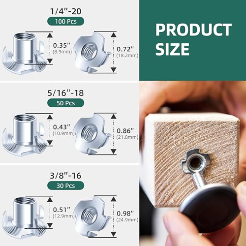 180-Pack 1/4"-20 5/16"-18 3/8"-16 T-Nuts Assortment Kit Zinc Plated Steel, 4-Pronged Tee Nut for Wood, Rock Climbing Holds T Nuts Set Nutserts for Wood Furniture