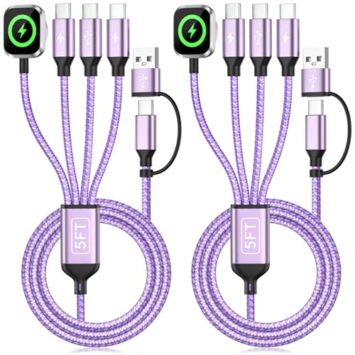 4in2 Multi Charging Cable for iWatch Charger/iPhone Charger/CarPlay Cable, Beach Travel Vacation Essentials, (2Pack 5FT) 3 X USB C/iWatch Charger Cords for iWatch 11-1/iPhone 17-15, Android Car - color: Purple_2, size: 2PCS&5FT