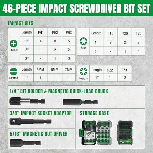 SK 46-Piece Screwdriver Bit Set, Impact Driver Bit Set, S2 Steel