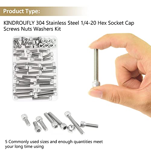 58 Pieces 1/4-20 x 1/2", 3/4", 1", 1-1/4", 1-1/2", Hex Socket Head Cap Screws Nuts Assortment Kit, 304 Stainless Steel, Fully Machine Thread - size: 1/4"-20, style: Socket Head