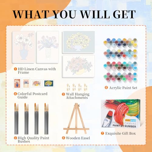 4 Pack Paint by Numbers Kit for Adults with Frame, Flowers & Floral Vase - color: OP4FUS2510-03
