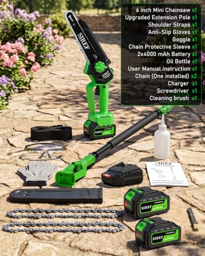 2-in-1 Electric Pole Saw 6inch Mini Chainsaw Cordless Brushless 2x4.0Ah Batteries Fast Charger Telescopic Power Pole Saw Tree Trimmer Limb Branch Cutter Pruner 16 Ft Max Reach Multi-Angle Green - color: Green-2 Batteries
