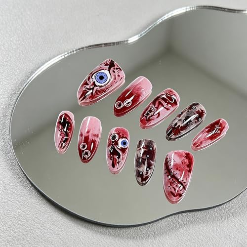 Halloween Press on Nails Almond - Medium Tip Fake Nails with Terrifying Eyes Designs,Glossy Finish Reusable False Nails for Women Manicure(3D Embossed design 13) - color: 3D Embossed design 13