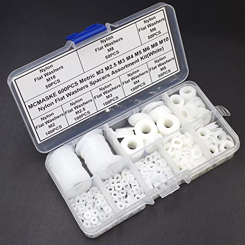 600PCS Metric M2 M2.5 M3 M4 M5 M6 M8 M10 Nylon Flat Washers Spacers Plastic Washers Assortment Kit (White) - color: White