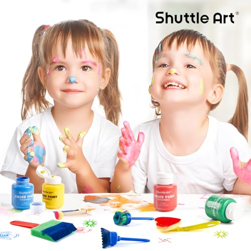 Shuttle Art Washable Finger Paint Set, 37 PCS with 10 Colors (2 fl oz) Non-Toxic Toddler Paint, Paint Brushes, Sponge, Smock, Toddler Art Supplies - color: 10 Colors