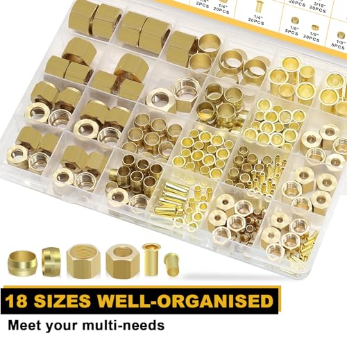 Siptenk 255PCS Brass Compression Sleeves Ferrules Inserts Nuts Fittings - color: 255PCS Sleeves Ferrules Inserts Nuts