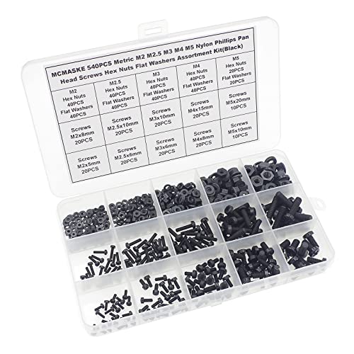 540PCS Metric M2 M2.5 M3 M4 M5 Nylon Phillips Pan Head Screws Hex Nuts Flat washers Assortment Kit(Black) - size: M2, M2.5, M3, M4, M5