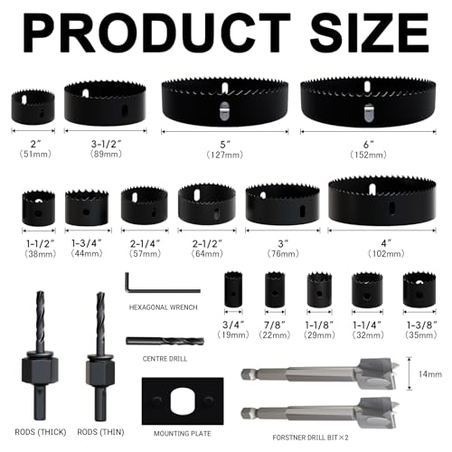 22PCS Hole Saw Set - High Carbon Steel 19-152mm（3/4" to 6"） Blades for Drywall, Soft Wood, Plastic, PVC Professional Grade with Instant Support