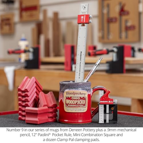 Woodpeckers Woodworker Gift Set, Mini Combination Square, Pocket Rule, Pencil, Clamp Pads and Mug, Made in USA - MUGSET26-NO9