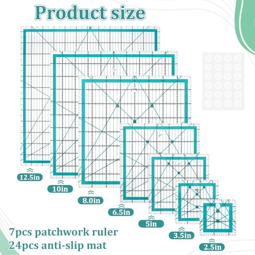 7 Pieces Quilting Rulers Templates, 2.5",3.5", 5",6.5", 8", 10",12.5" Square Sewing Ruler Fabric Cutting Rulers Acrylic Quilters Ruler with Non-Slip Pads for Quilting and Sewing