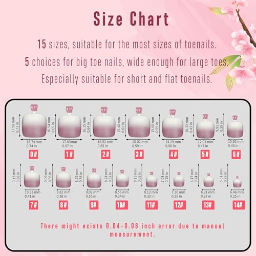 NOVO OVO Fake Toe Nail Tips Press on, French Tip Soft Gel Toenail Extension, BERRY OMBRE Square Round Pre-applied Tip Primer & Base Coat, Full Cover Matte False Nails for DIY x 15 Sizes 360Pcs - color: Square Round French Tip Berry Ombre