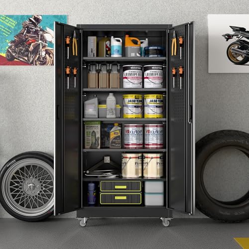 Aobabo Metal Garage Storage Cabinet with Wheels and Pegboard, Black - color: Black, size: 16"D x 32"W x 71"H-0 Drawers