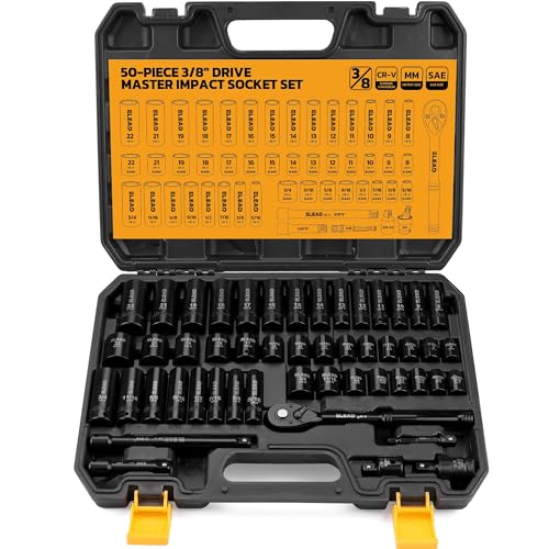 ELEAD 3/8" Drive Impact Socket Set - 50-Piece SAE (5/16" to 3/4") & Metric (8-22mm), 6-Point CR-V Steel Deep & Shallow Sockets with Ratchet Handle, Universal Joint, Extension Bar, Adapter - color: 3/8'' Drive Impact Socket Set Black