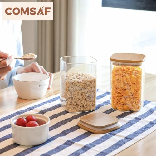 ComSaf Square Glass Containers with Lids 1.2 Qt, Set of 4 Pantry Glass Jars | Kitchen Glass Pantry Storage Containers, Storage Canisters, Silicone Seal, Dry Food, Cookie, Flour, Spice, Coffee, BPA Free - size: 1.2Qt*4