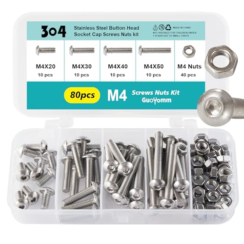 M4 x 20mm 30mm 40mm 50mm Button Head Socket Cap Screws Bolts and Nuts, Stainless Steel 304, Bright Finish, Metric Allen Hex Drive, Fully Thread, Assortment Kit 80PCS - size: Button M4x20-50mm+Nuts