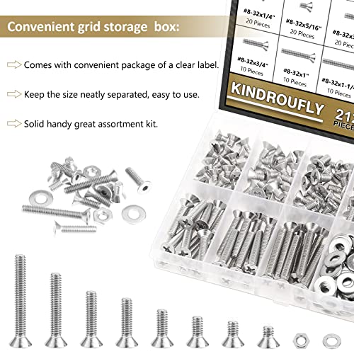 212 Pieces #8-32 x 1/4", 5/16", 3/8", 1/2", 5/8", 3/4", 1", 1-1/4", Countersunk Head Socket Cap Screws Nuts Washers Assortment Kit, 304 Stainless Steel, Fully Machine Thread - size: #8-32, style: Countersunk Head