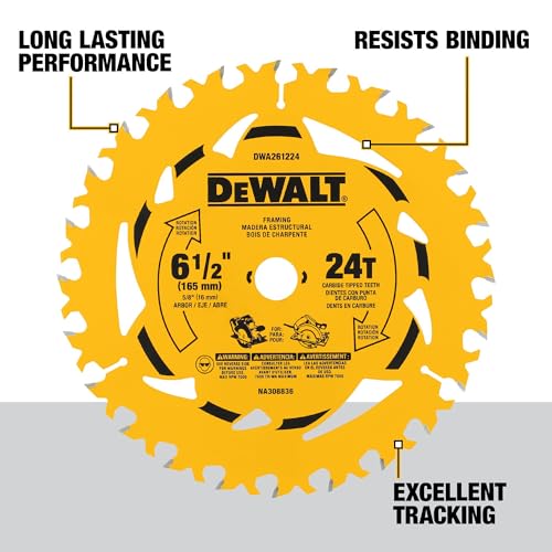 DEWALT 6-1/2 in. 24T Circular Saw Blade, Smooth Cutting, Superior Tracking and Durability (DWA261224)