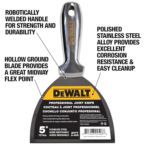 DEWALT 5" All Stainless Steel Joint Knife | One-Piece Premium Polished Metal Putty Blade | 2-405 - size: 5-Inch