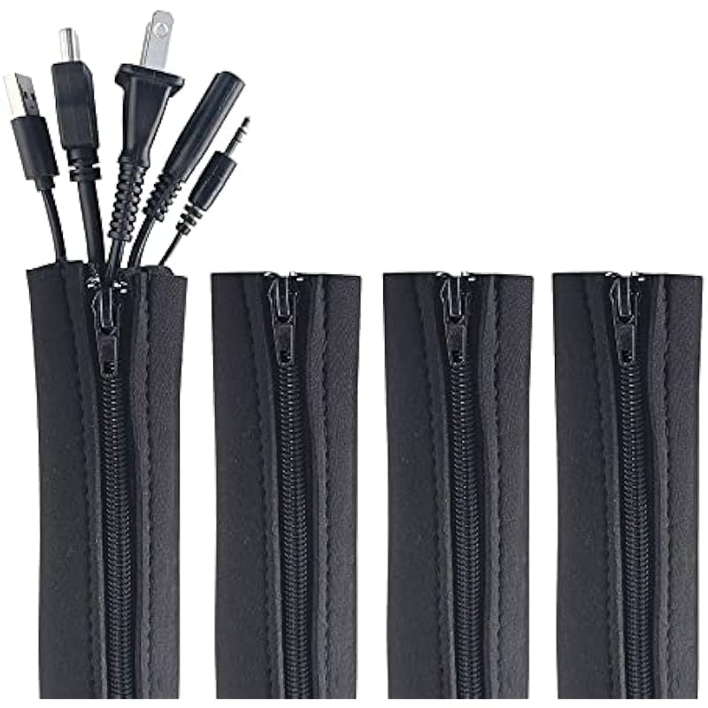 4 PCS Zipper Cable Organizer Sleeves, Cable Management Sleeve for TV and Computer Cords, Black Polyester, Reliable and Easy to Use ，and Effectively Prevent Pets from Chewing