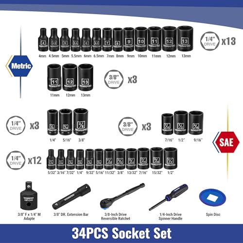 WORKPRO 39PC Drive Black Phosphate Finish CR-V Socket Set(1/4" & 3/8") - color: Black