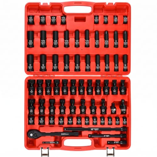 3/8" Impact Socket Set 67PCS, SAE & Metric Socket Set with Shallow & Deep Sockets, with Ratchet Wrench, Swivel Sockets, Extension Bars, Adapters, Impact Universal Joint, Spinner Handle - color: 3/8-67pcs