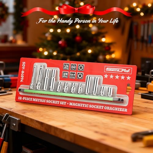 12-Piece 1/4" & 3/8" Drive 10mm Socket Set with 3-inch 3/8 & 1/4 Extension Bars | Deep & Shallow Mirror Finish Socket Set | Magnetic Storage Rail | Cr-V | 6 Point & 12 Point (13 Pack) - color: 12pcs 10mm Deep/Shallow +Mag Rail