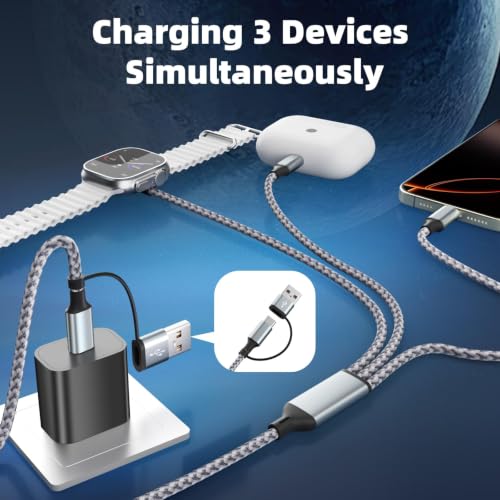 Travel Essentials 3 in 2 Multi Charging Cable for iWatch Charger/iPhone17-8 - color: Greywhite, size: 1Pack 5FT