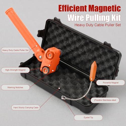 Magnetic Wire Puller, High-Strength Magnet Cable Puller with Stainless Steel Leader, 180° Pivoting Ergonomic Handle, Multi-Function Stud Finder for Electrical Wall Wiring, Comes with Sturdy Case