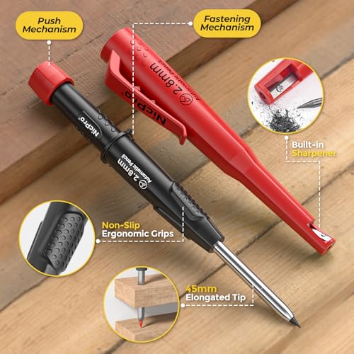 Nicpro Carpenter Pencil with Sharpener & Holster, Construction Pencil -Red - color: Black with Red