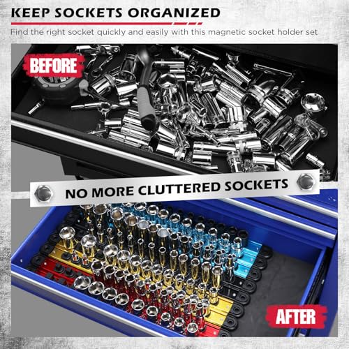 18-Piece Magnetic Socket Holder Organizer Set (Holds 240 Sockets), Heavy Duty 1/2, 3/8, 1/4-Inch Socket Racks Premium Quality Socket-Clip Rail Holder Aluminum Sockets Rack Kit for Tool Box Drawer - style: 18-Piece Alum. Master Set (Holds 240)