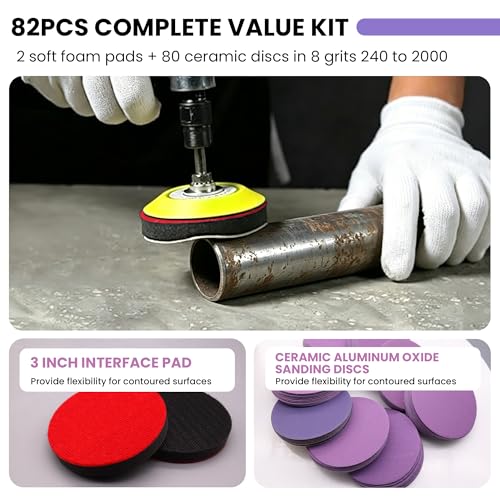 Taokyid 3 Inch Foam Sanding Pad Set 2Pcs + 80Pcs Ceramic Sanding Discs