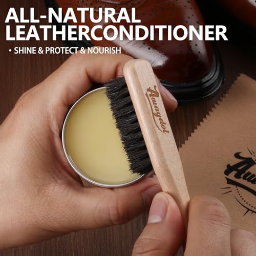 11 PCS Leather Care Kit - Horsehair Brushes,Saddle Soap,Waterproofing Wax,Mink Oil Conditioner,Polishing Cloth,Microfiber cloth,Boot Shoe Shine Cleaning Kit Gift for Men Cowboy Husband Dad