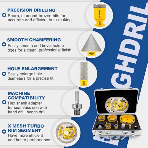 HIGHDRIL 13Pcs Diamond Hole Saw Kit for Tile Porcelain Ceramic Granite - size: Kit 1 Thread