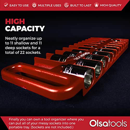 Olsa Tools Magnetic Portable Socket Organizer Tray - 1/2-Inch Drive - Red Holder for Deep & Shallow Sockets - Fits up to 1-3/16" SAE or 30mm Metric - Quality Product for Professionals - Part 1077 - color: Red, size: 1/2-Inch Drive