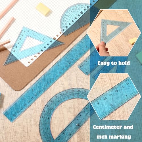 Tenare 6 Pcs Math Geometry Ruler Set, Protractor Triangle School,Blue - color: Blue