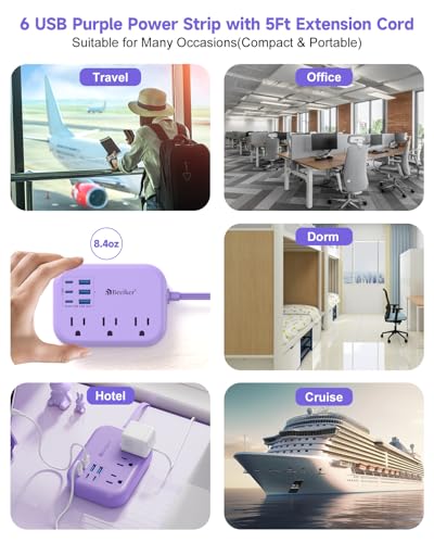 6 USB (3 USB C) Purple Travel Power Strip, 5Ft Extension Cord, 3 Outlets - size: Purple-6 USB 24W-5ft