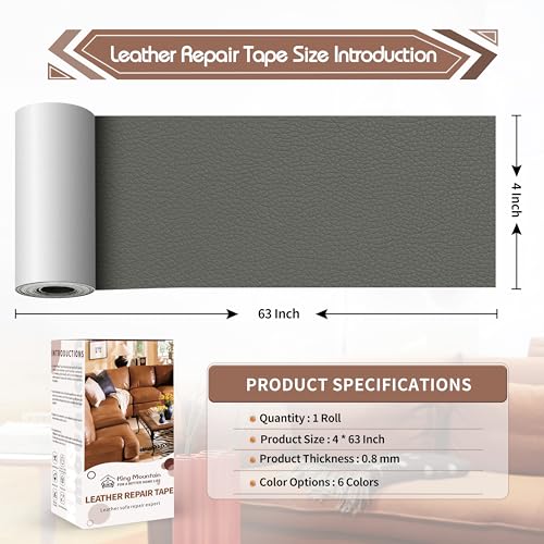 KING MOUNTAIN Leather Repair Patch,4 x 63 Inches self Adhesive Leather Repair Tape for Damaged Leather Furniture, Sofa Seating,Car Seats, Leather Goods（Gray） - color: Gray, size: 4" x 63"